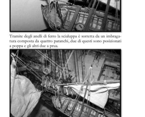 La pagina del libro mostra come posizionare una scialuppa sospesa fuoribordo.