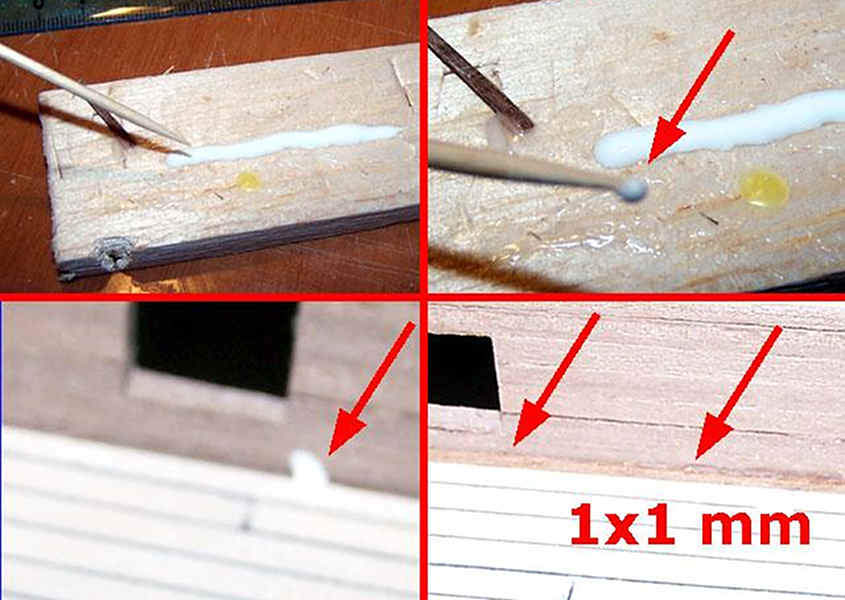 Quattro step della prima fase in cui si incolla il listello quadrato da 1x1 mm 